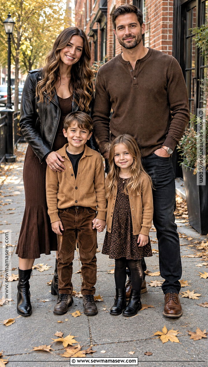 Black Leather Jacket And Brown Knit Family Outfit - 15 fall family pictures outfits black and brown