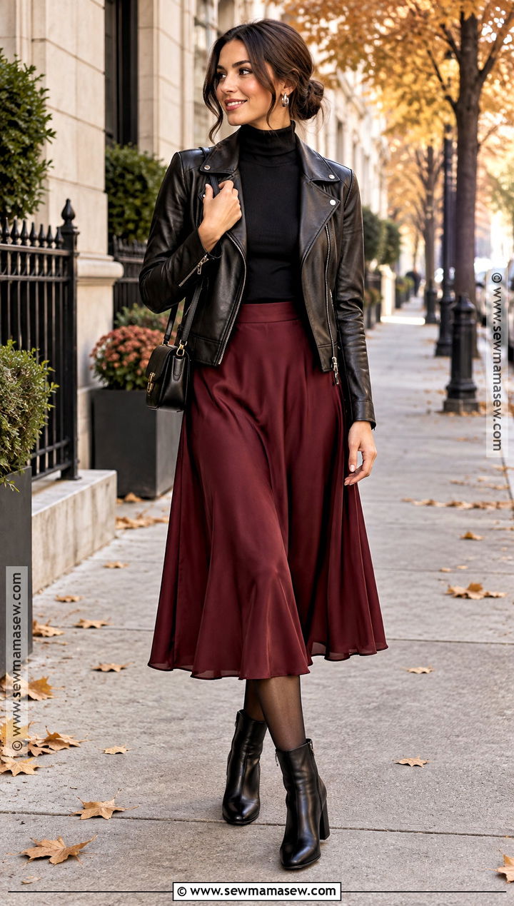 Black Leather Jacket And Burgundy Midi Skirt Outfit - 20 dark fall aesthetic outfits