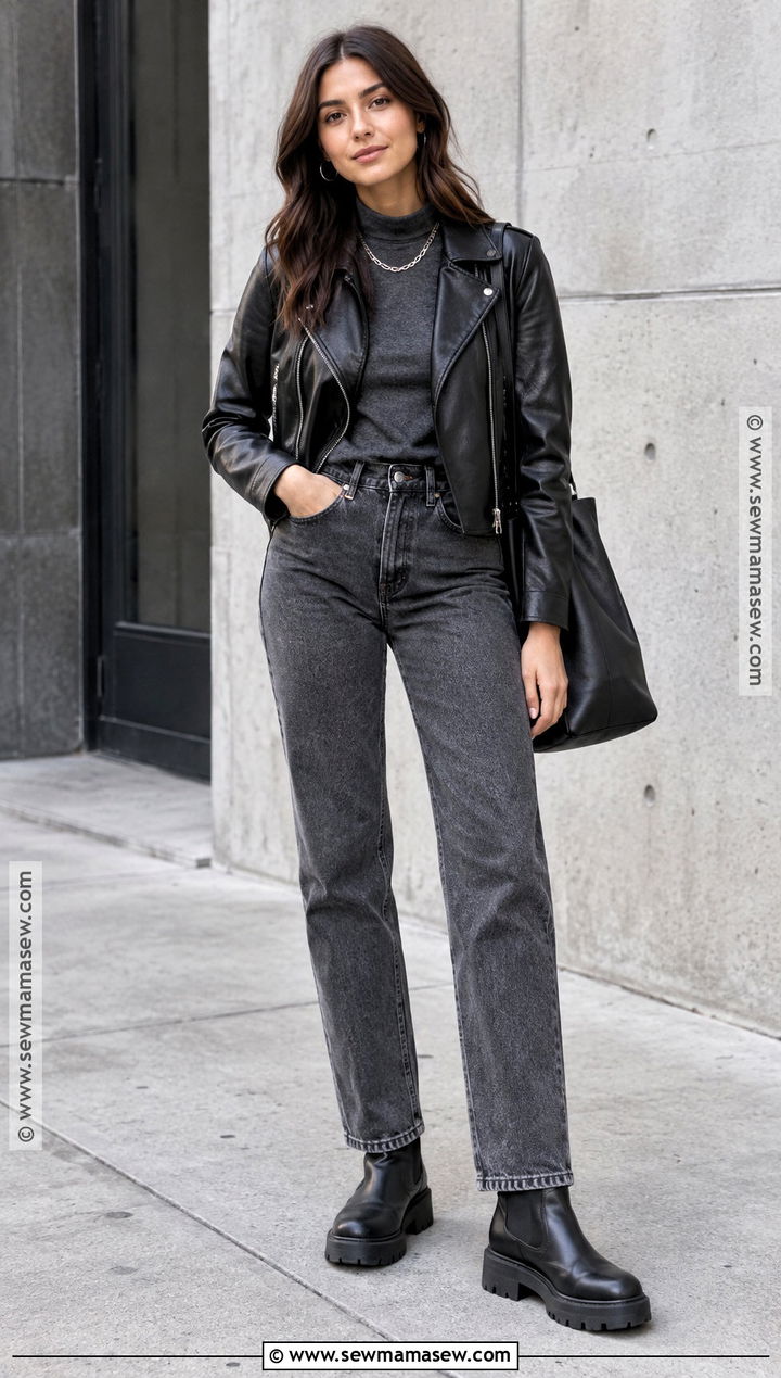Black Leather Jacket And Charcoal Jeans Fall Outfit - 15 fall dark outfits for women