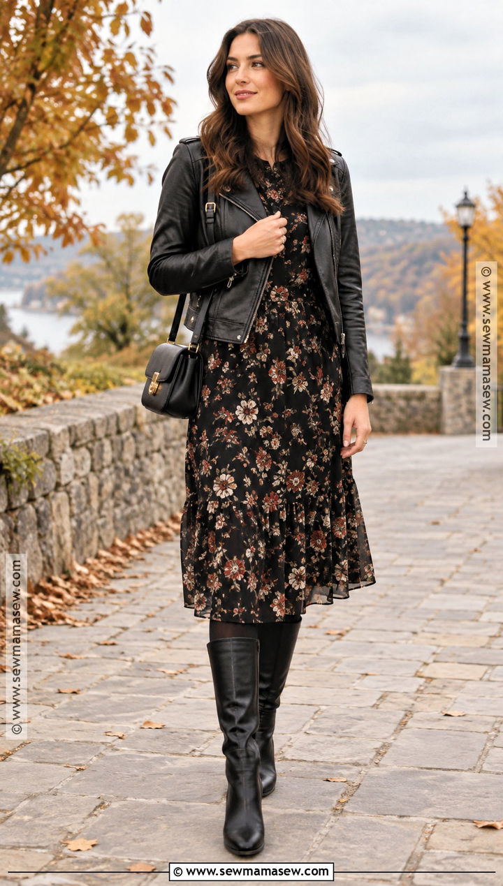 Black Leather Jacket And Floral Midi Dress Fall Outfit - 15 fall style ideas 2026
