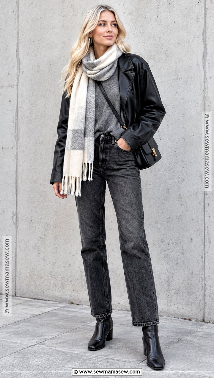 Black Leather Jacket And Gray Jeans Outfit For Blonde Hair - 15 blonde hair fall outfits