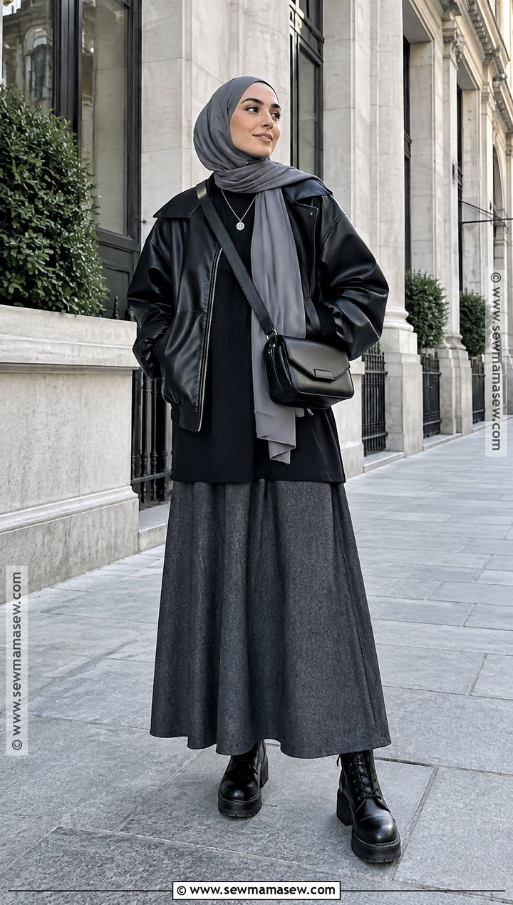 Black Leather Jacket And Maxi Skirt Hijabi Outfit - 20 Fall Hijabi Outfits Aesthetic