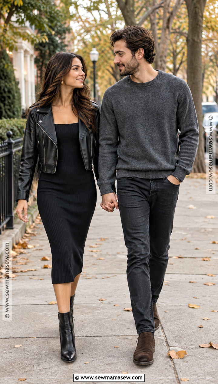 Black Leather Jacket And Midi Dress - 15 fall engagement pictures black outfit ideas
