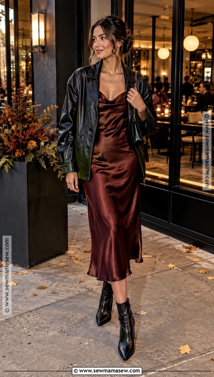 Black Leather Jacket And Slip Dress Outfit - 25 fall outfits going out