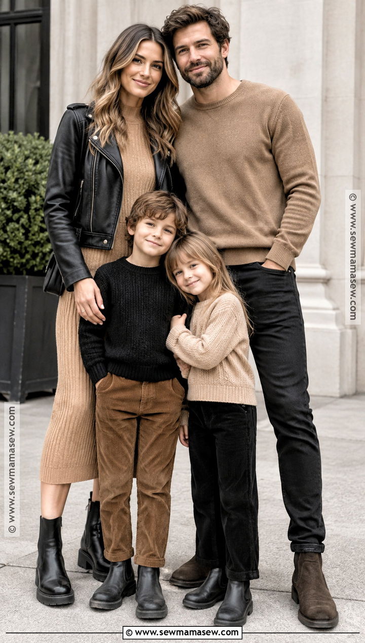 Black Leather Jacket And Tan Knit Family Outfit - 15 fall family pictures outfits black and tan