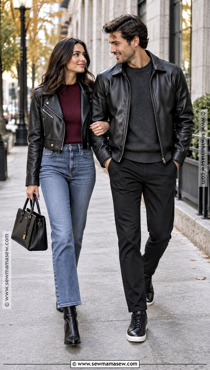 Black Leather Jacket Couple Fall Outfit - 25 couple fall outfits