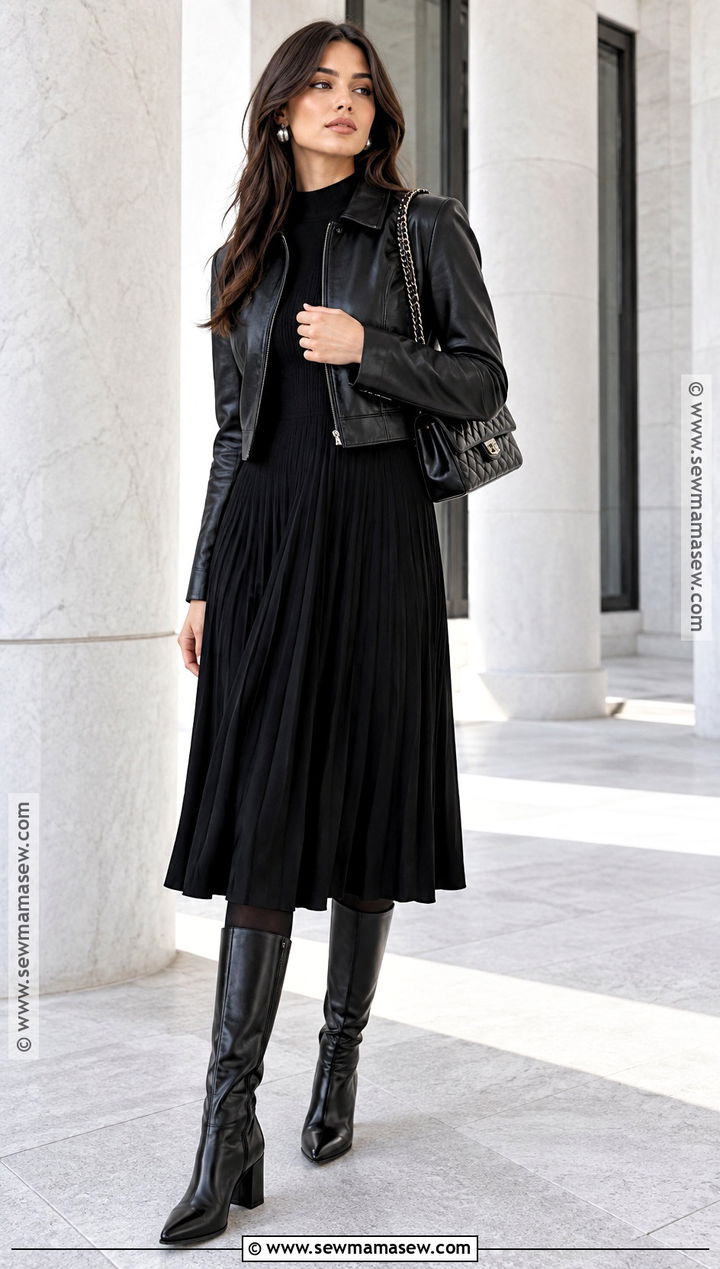 Black Leather Jacket With Black Midi Dress - 15 leather jacket dress outfit fall ideas