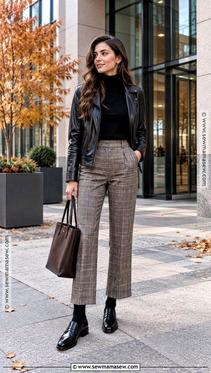 Black Leather Jacket With Black Turtleneck and Plaid Trousers - 20 black leather jacket outfit fall ideas