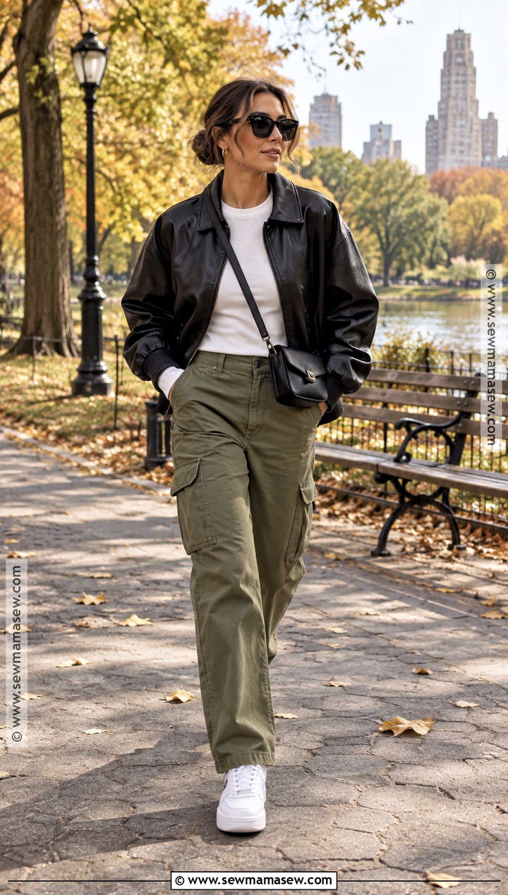 Black Leather Jacket With Cargo Pants and Sneakers - 20 black leather jacket outfit fall ideas