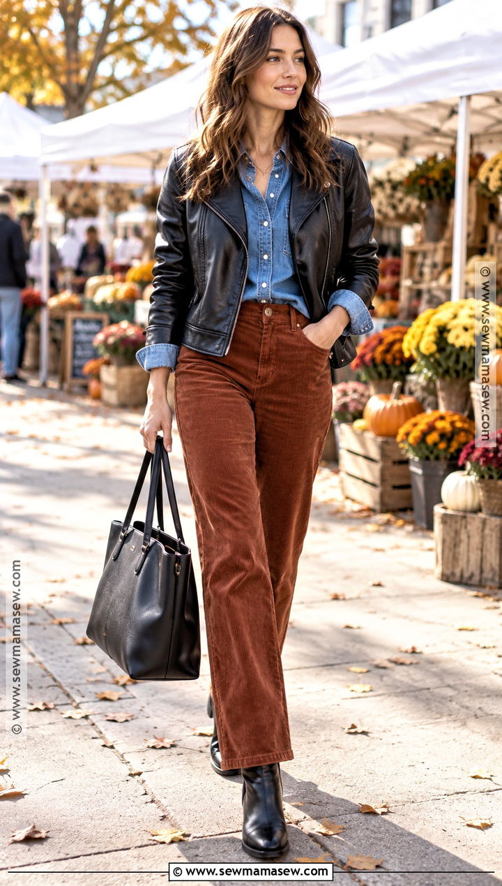 Black Leather Jacket With Denim Shirt and Corduroy Pants - 20 black leather jacket outfit fall ideas