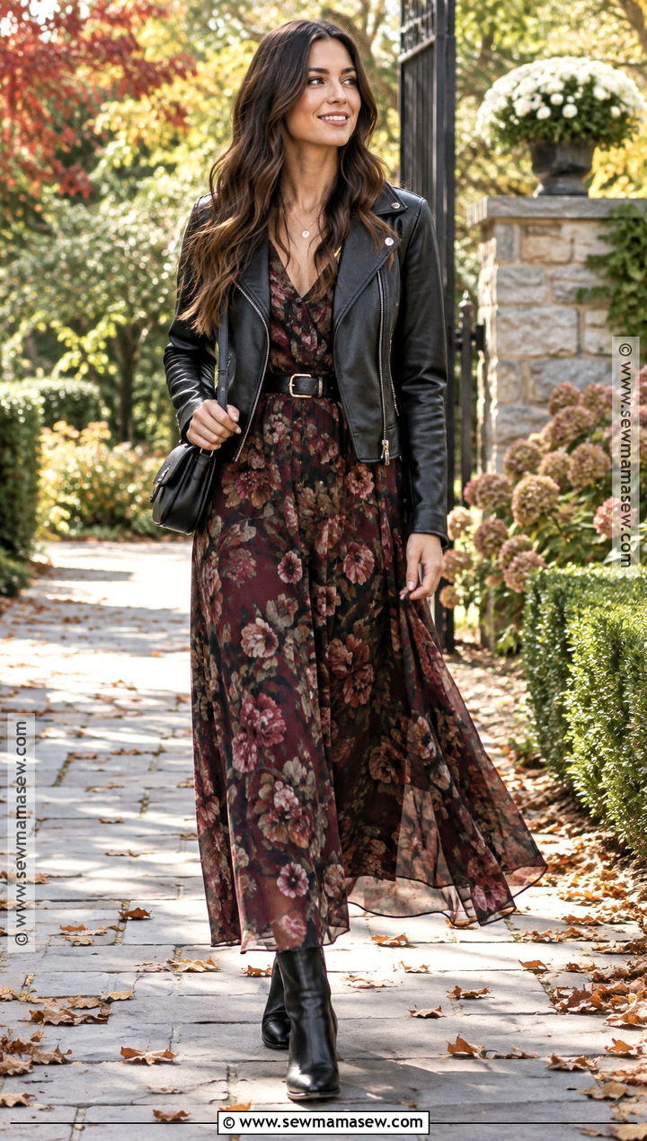 Black Leather Jacket With Floral Maxi Dress And Boots - 15 black leather jacket fall style ideas