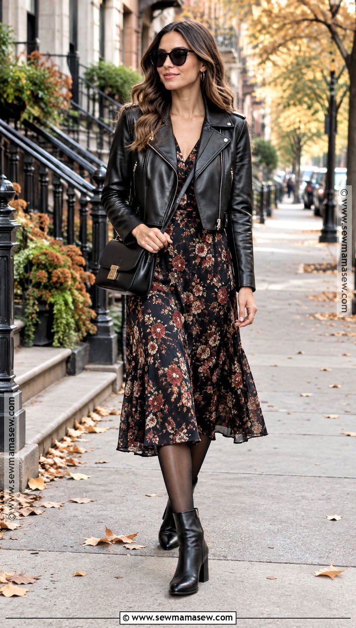 Black Leather Jacket With Floral Midi Dress - 15 leather jacket dress outfit fall ideas