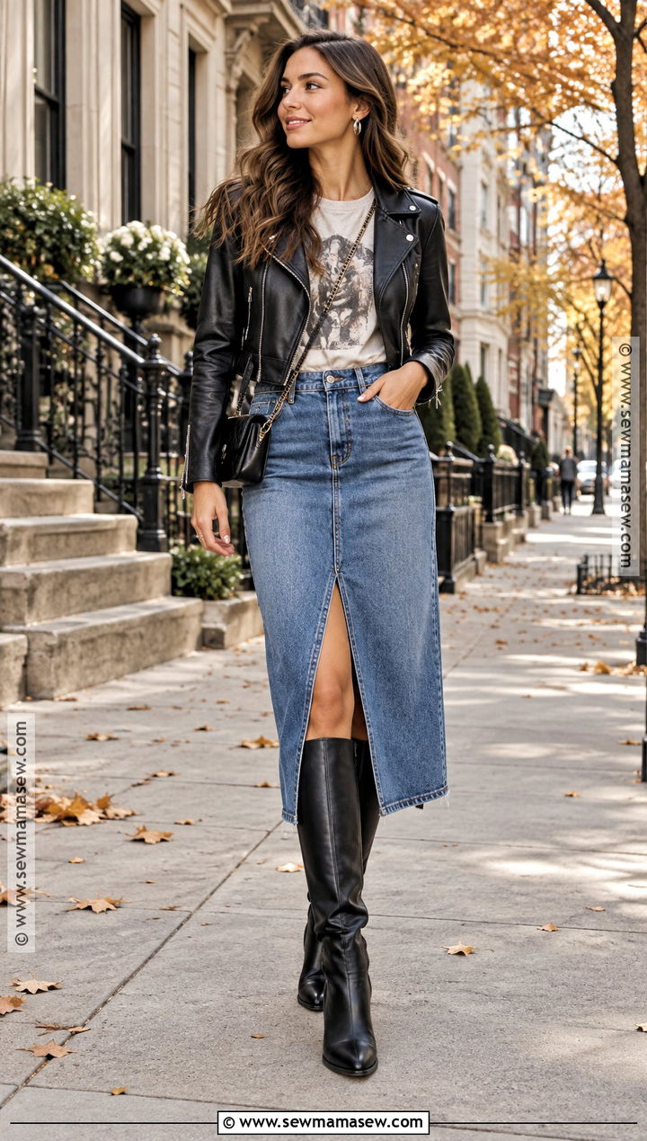 Black Leather Jacket With Graphic T Shirt and Denim Midi Skirt - 20 black leather jacket outfit fall ideas