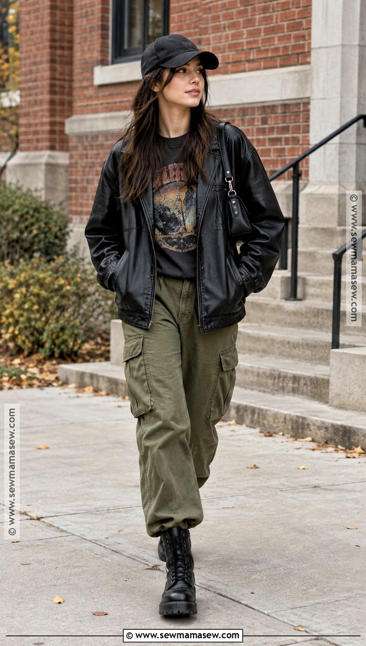 Black Leather Jacket With Graphic Tee And Cargo Pants - 15 black leather jacket fall style ideas