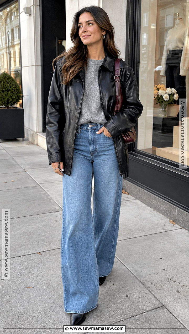 Black Leather Jacket With Gray Sweater and Wide Leg Jeans - 20 black leather jacket outfit fall ideas