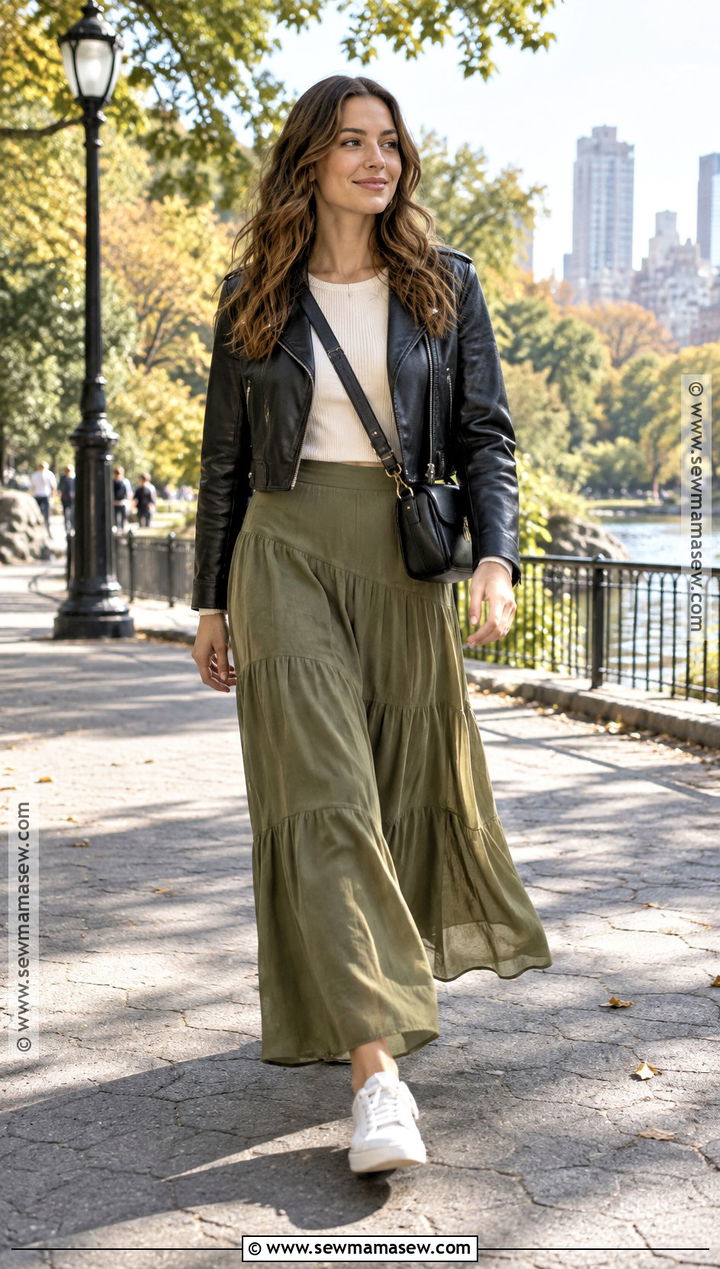Black Leather Jacket With Maxi Skirt And Sneakers - 15 black leather jacket fall ideas