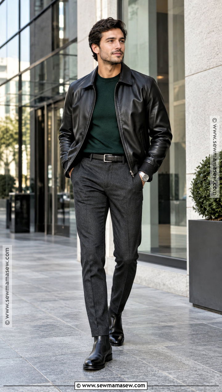 Black Leather Jacket With Merino Sweater And Trousers - 15 engagement photos outfits men fall