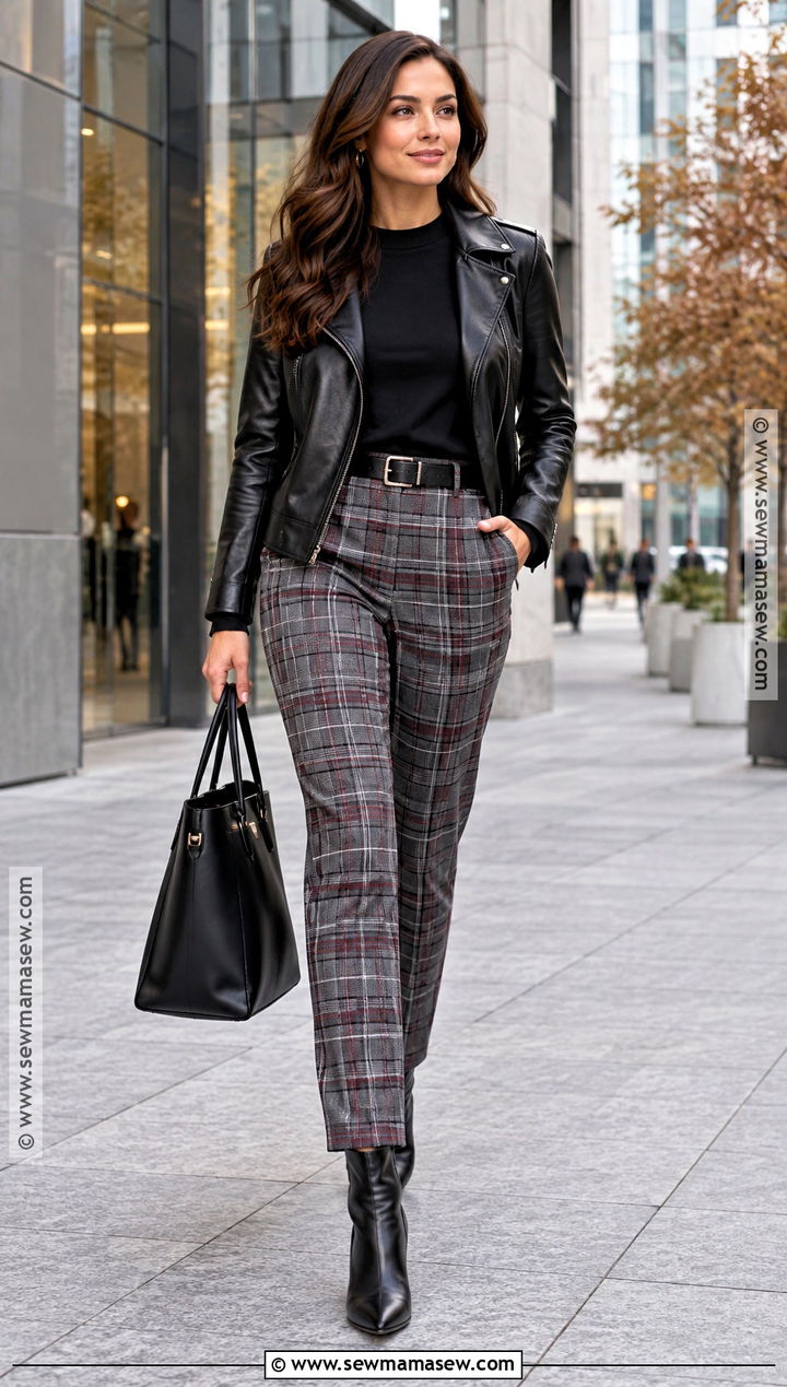 Black Leather Jacket With Plaid Pants And Ankle Boots - 15 black leather jacket fall ideas