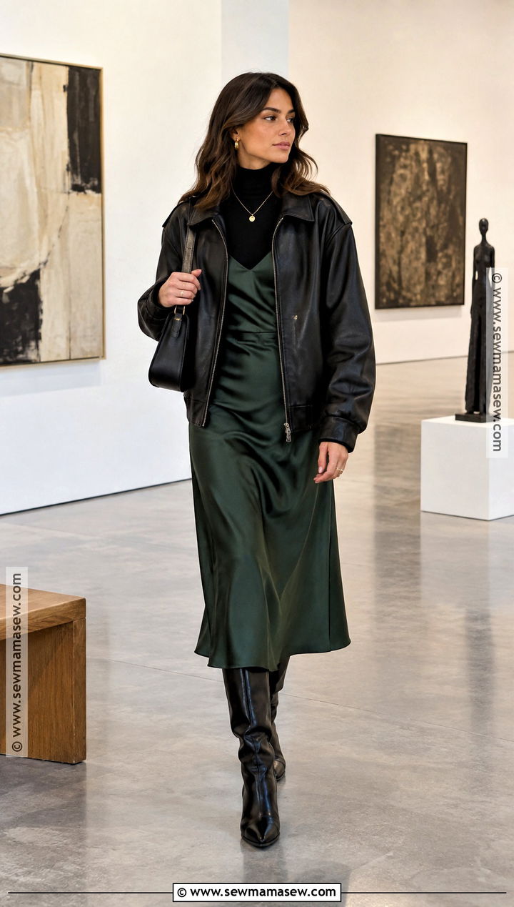 Black Leather Jacket With Slip Dress and Tall Boots - 20 black leather jacket outfit fall ideas