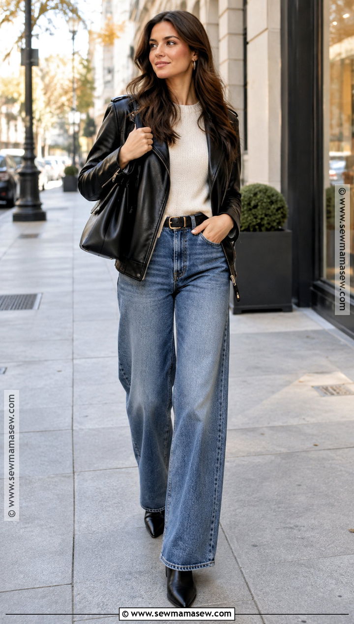 Black Leather Jacket With Sweater And Wide Leg Jeans - 15 black leather jacket fall ideas