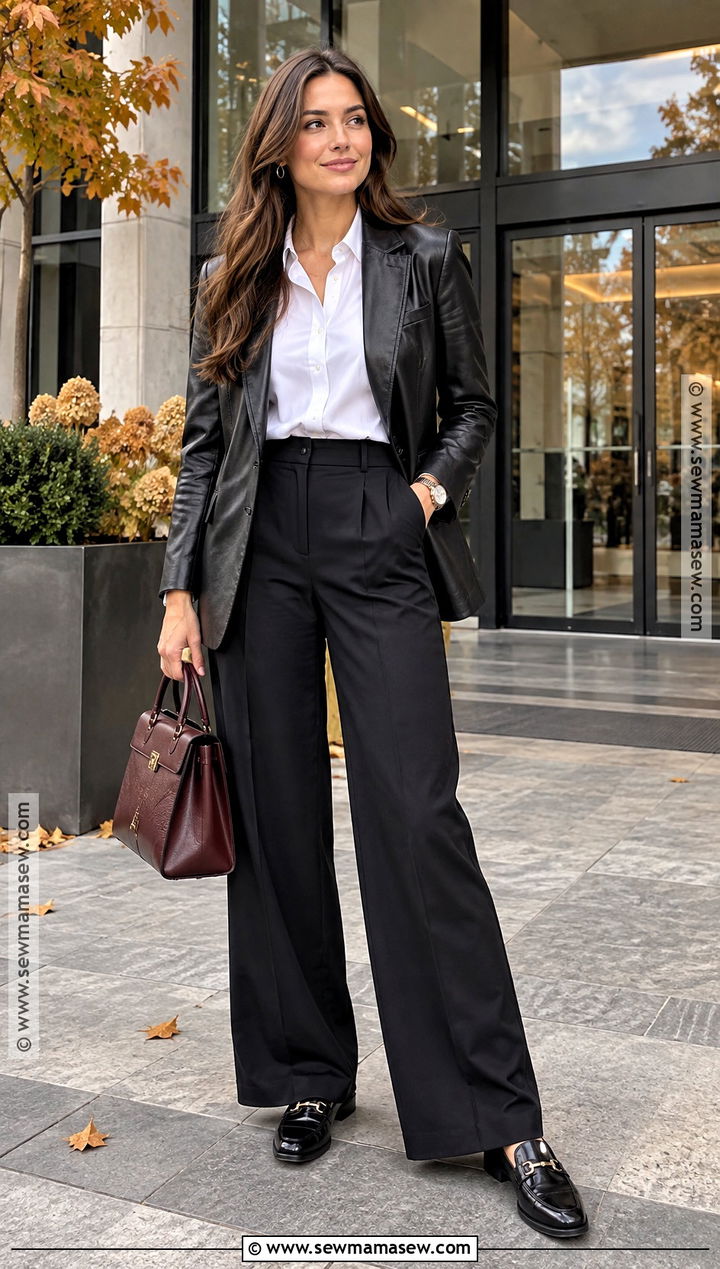 Black Leather Jacket With White Button Down and Black Trousers - 20 black leather jacket outfit fall ideas