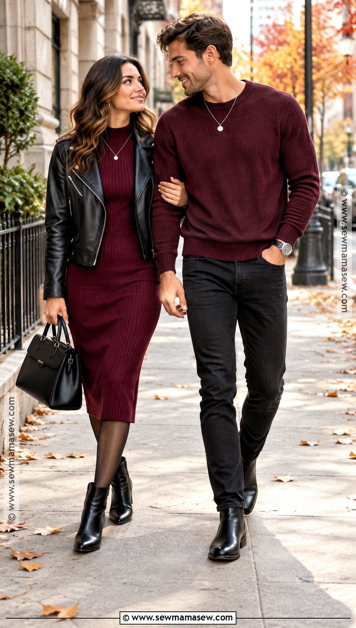 Black Leather Jacket and Burgundy Accent Couple Outfit - 25 matching fall outfits for couples