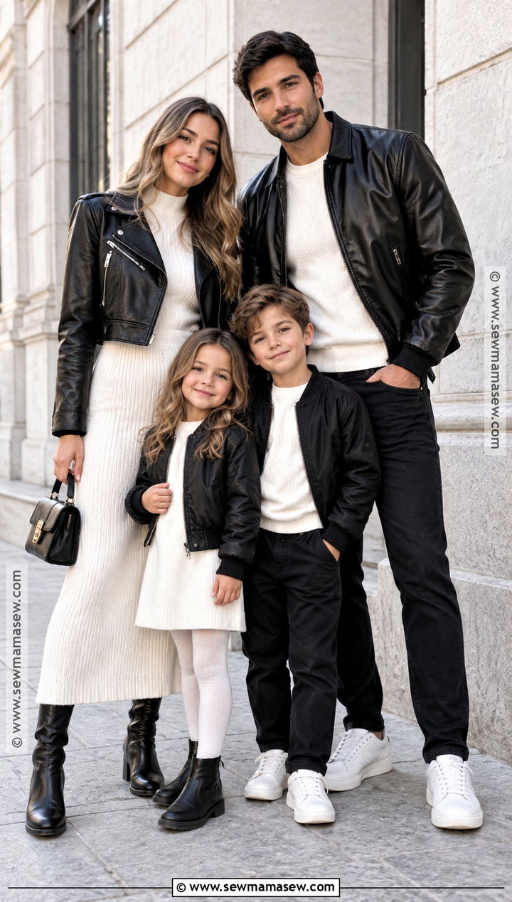 Black Leather Jackets And White Knit Family Outfit - 15 Fall Family Photos Black And White Outfits