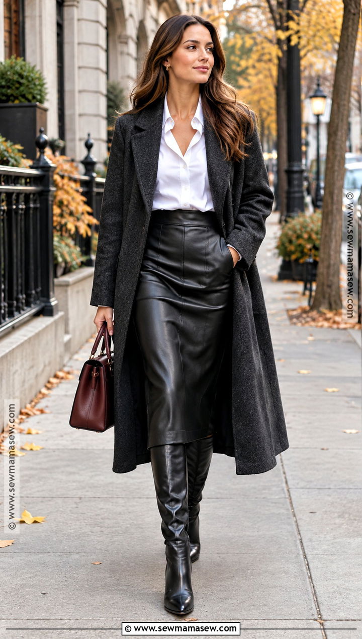 Black Leather Midi Skirt With White Shirt And Knee High Boots - 20 fall black skirt outfits