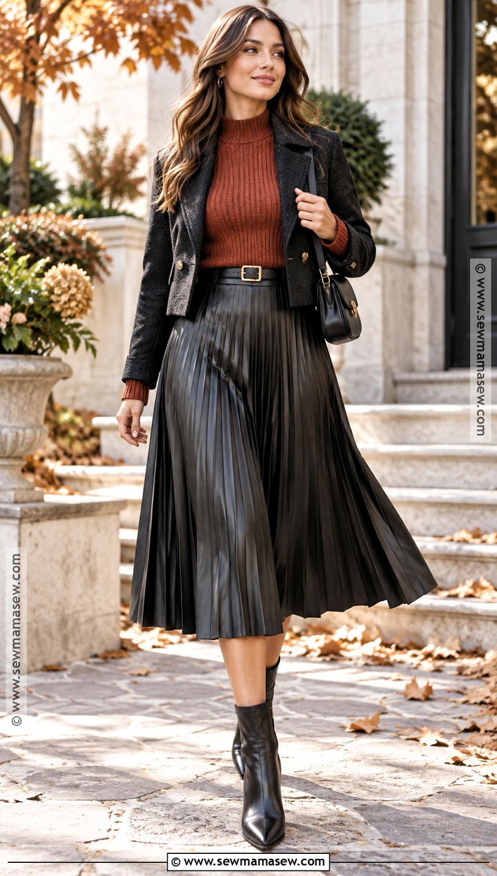 Black Leather Pleated Skirt With Fitted Knit Top - 20 Black Leather Skirt Outfit Fall Ideas