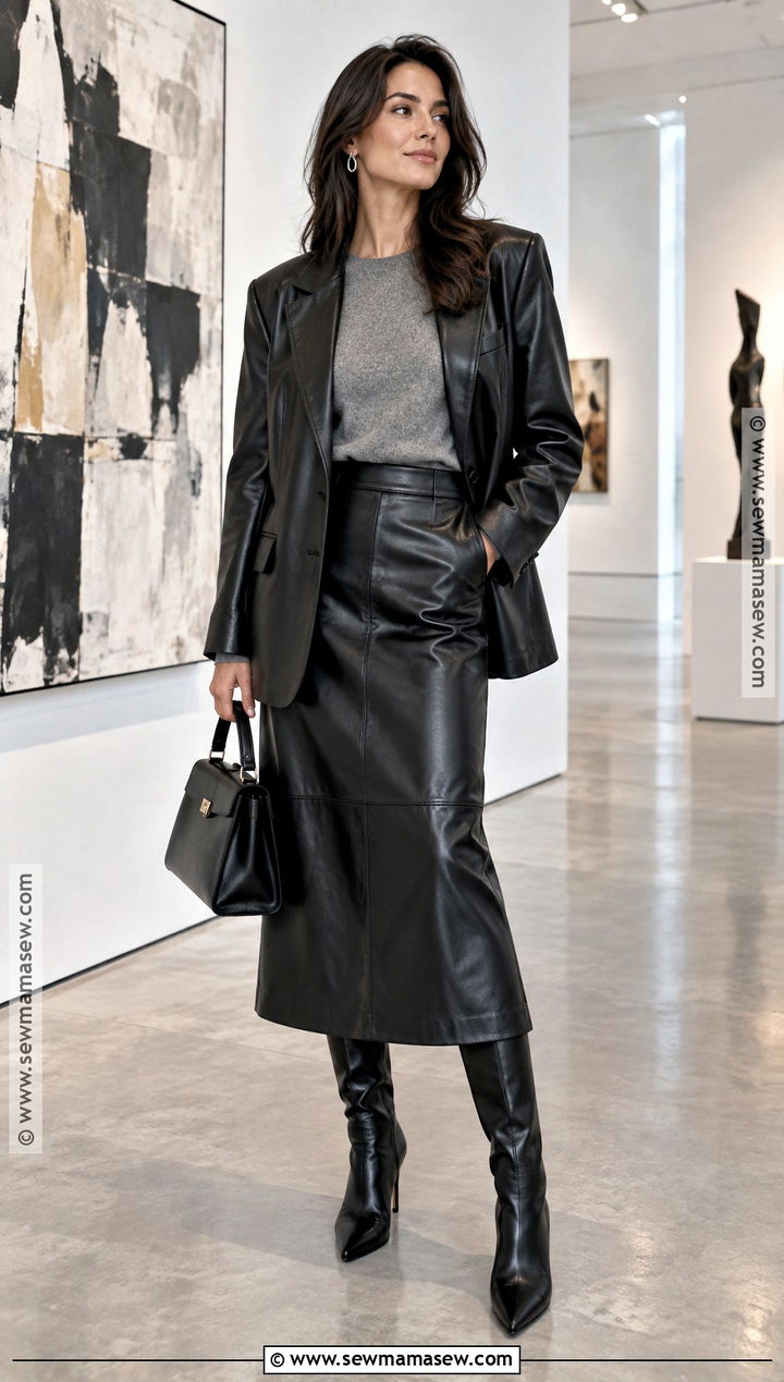 Black Leather Skirt With Matching Blazer And Heeled Boots - 20 leather skirt fall outfit ideas