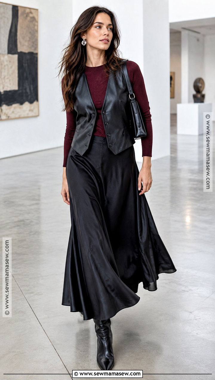 Black Leather Vest With Knit Top And Maxi Skirt - 20 vest autumn outfit ideas