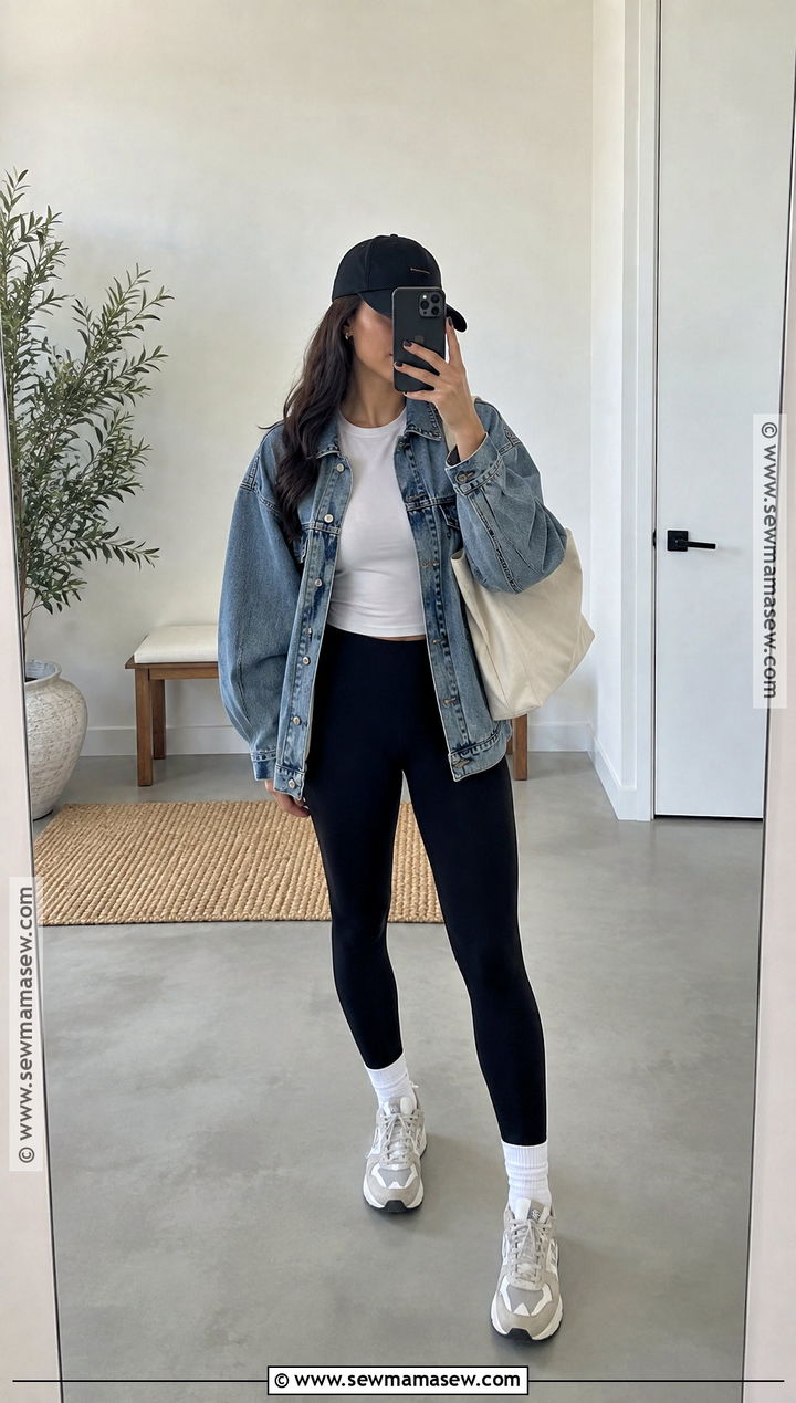 Black Leggings And Denim Jacket Outfit - 15 fall active outfits