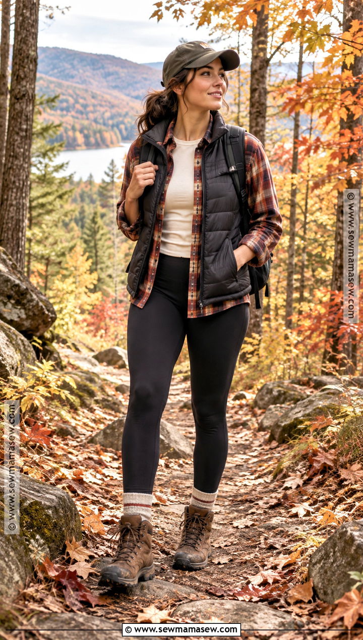 Black Leggings And Flannel Hiking Outfit - 20 Cute Fall Hiking Outfits for Women