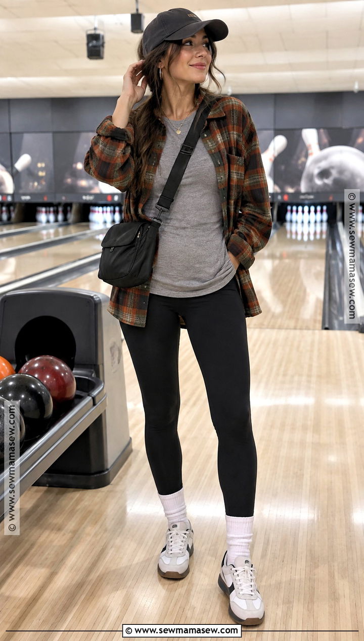 Black Leggings And Oversized Flannel Bowling Outfit - 15 bowling outfit ideas fall