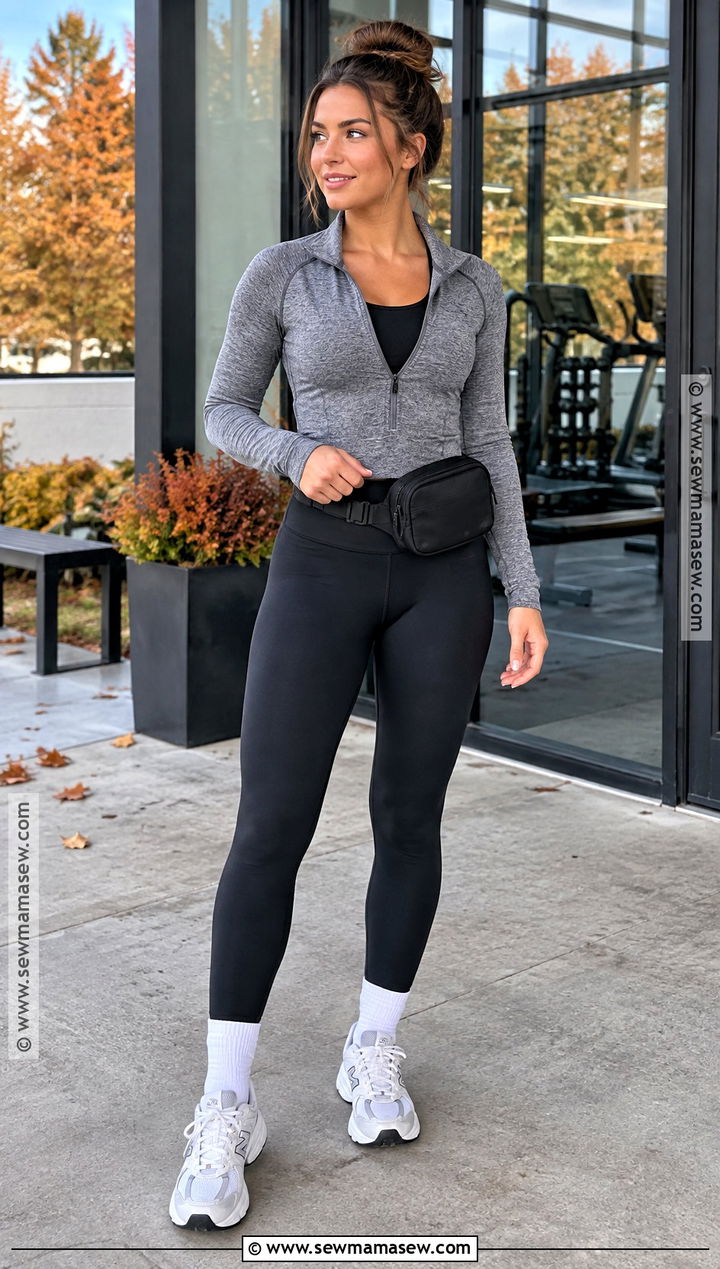 Black Leggings And Quarter Zip Workout Outfit - 15 Autumn Workout Outfits