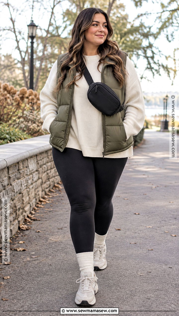 Black Leggings Oversized Sweater And Puffer Vest Fall Outfit - 15 Womens Fall Fashion Casual Ideas