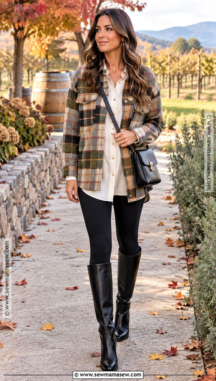 Black Leggings Winery Outfit With Shacket And Boots - 15 Outfits For A Winery Fall