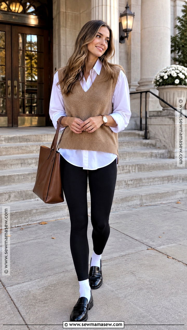 Black Leggings With Button Down Shirt And Sweater Vest - 20 Fall Black Leggings Outfit