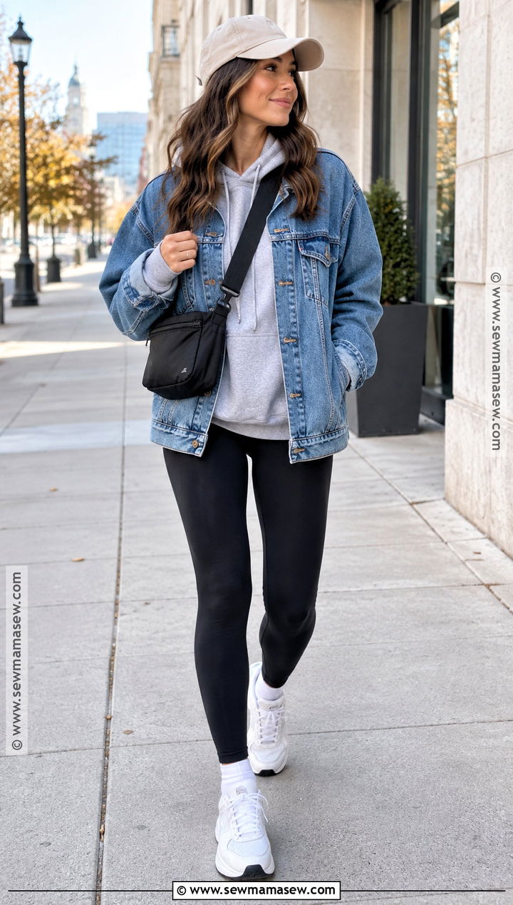 Black Leggings With Denim Jacket And Hoodie - 20 leggings outfit casual fall