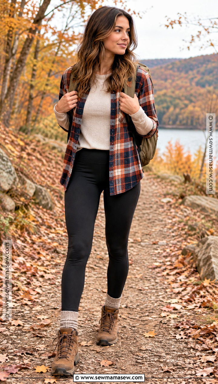 Black Leggings With Flannel Shirt And Hiking Boots - 20 Fall Black Leggings Outfit