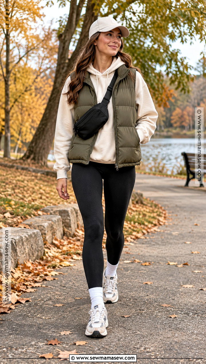 Black Leggings With Hoodie And Puffer Vest - 20 Fall Black Leggings Outfit