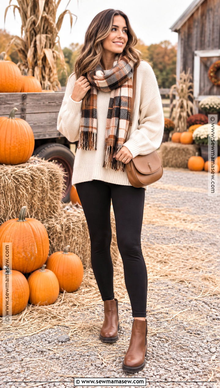 Black Leggings With Oversized Cream Sweater - 20 Pumpkin Patch Outfit Leggings