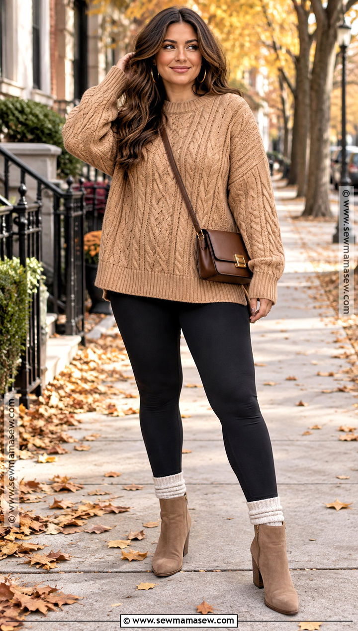 Black Leggings With Oversized Sweater And Ankle Boots - 20 cute legging outfits fall