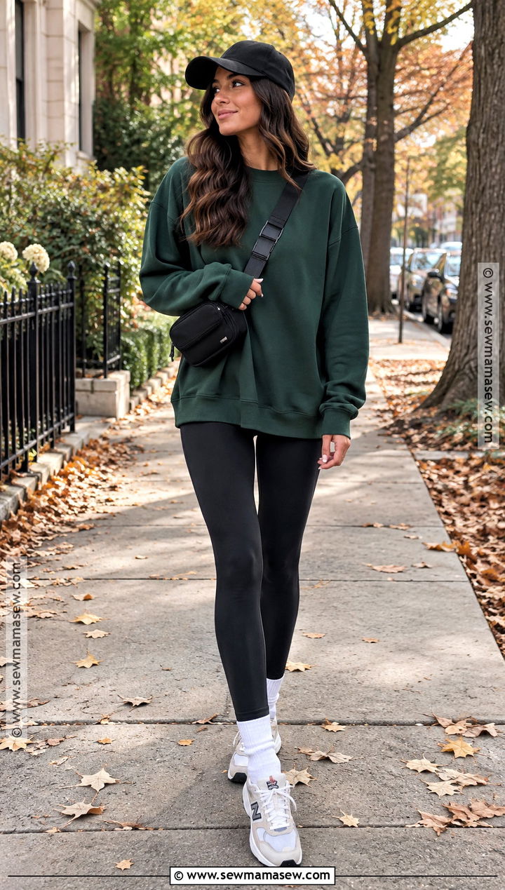 Black Leggings With Oversized Sweatshirt And Sneakers - 20 leggings outfit casual fall