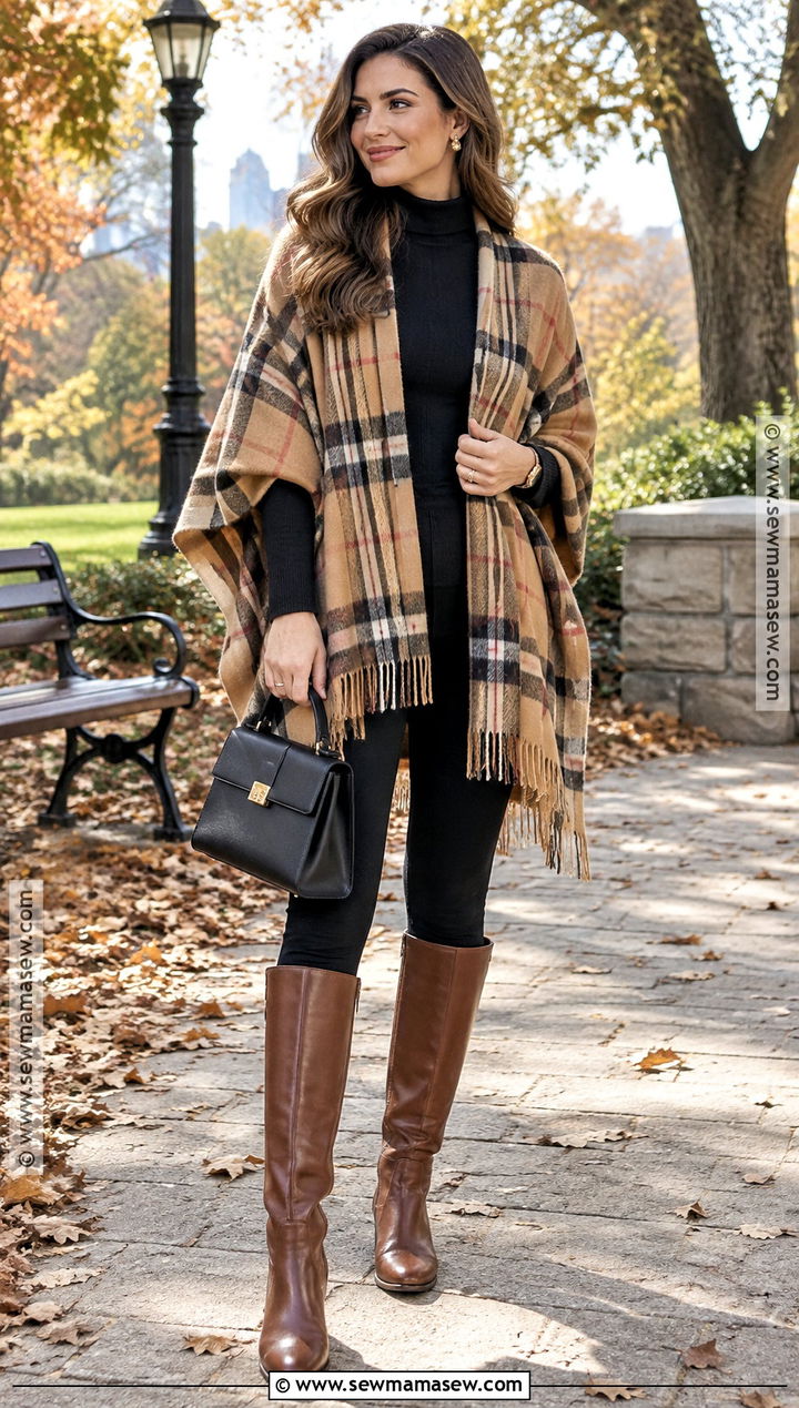 Black Leggings With Poncho And Riding Boots - 25 black leggings outfit fall