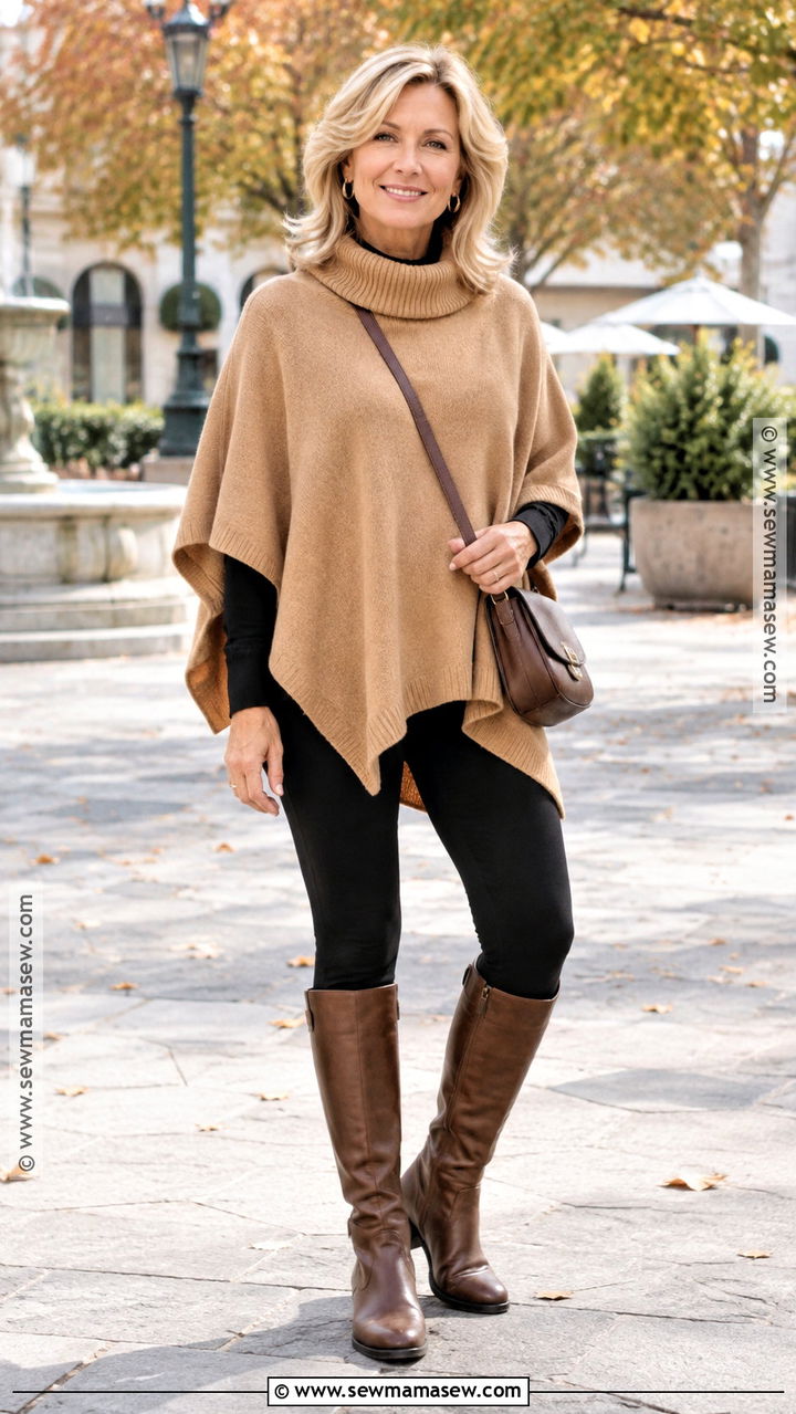 Black Leggings With Poncho Sweater And Riding Boots - 20 leggings fall outfit casual