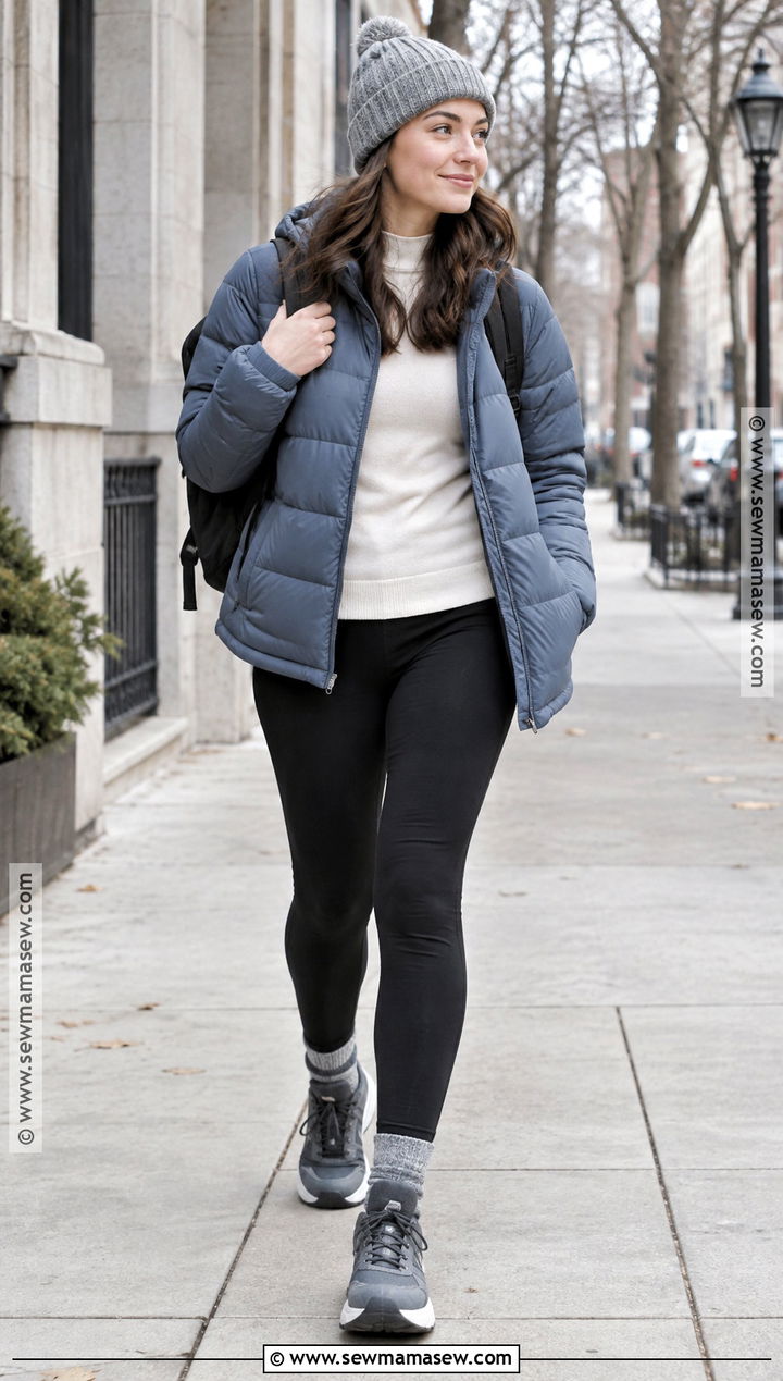 Black Leggings With Puffer Jacket And Winter Sneakers - 20 Fall Black Leggings Outfit