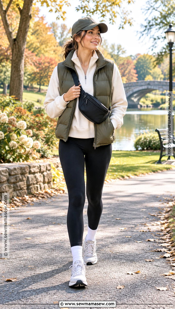 Black Leggings With Puffer Vest And Running Shoes - 25 black leggings outfit fall