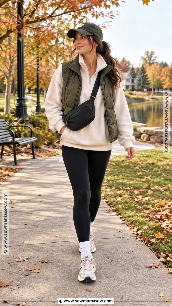 Black Leggings With Quarter Zip And Puffer Vest - 20 leggings fall outfit casual