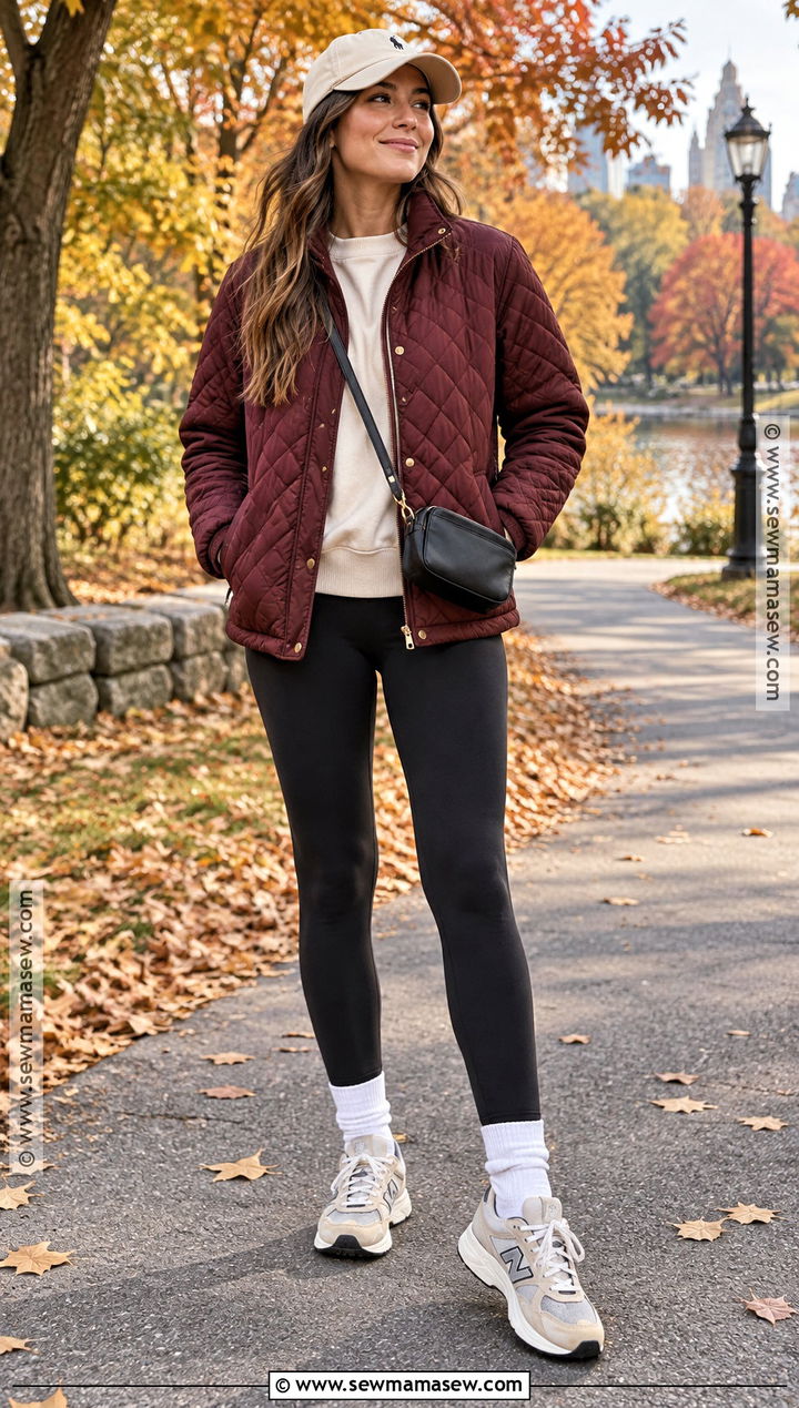 Black Leggings With Quilted Jacket And Baseball Cap - 20 leggings outfit casual fall